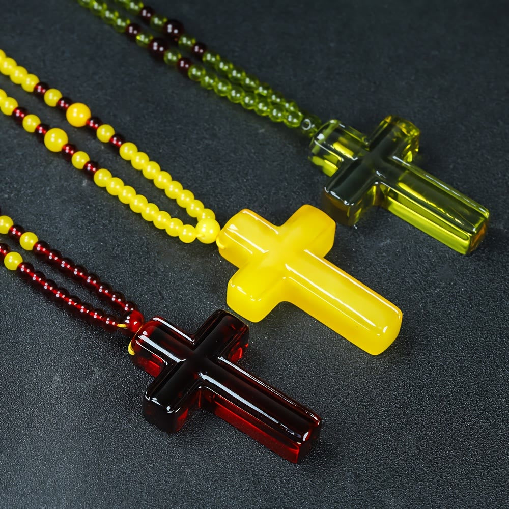 Christianartworkshop Solid Glossy Resin Amber-Style Cross Pendant with Alternate Bead Adjustable Cord Necklace - image 1