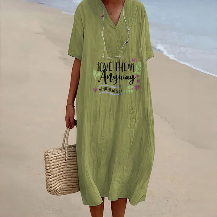 Christianartworkshop "Love Them Anyway" Matthew 5:44 Heart Leaf Print V-Neck Short Sleeve Midi Dress - Olive Green - 4XL - image 3