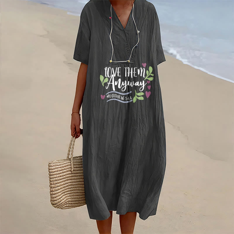Christianartworkshop "Love Them Anyway" Matthew 5:44 Heart Leaf Print V-Neck Short Sleeve Midi Dress - Black - 4XL - image 0