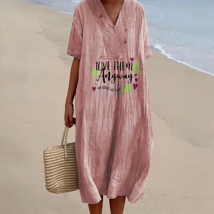 Christianartworkshop "Love Them Anyway" Matthew 5:44 Heart Leaf Print V-Neck Short Sleeve Midi Dress - Pink - 4XL - image 6