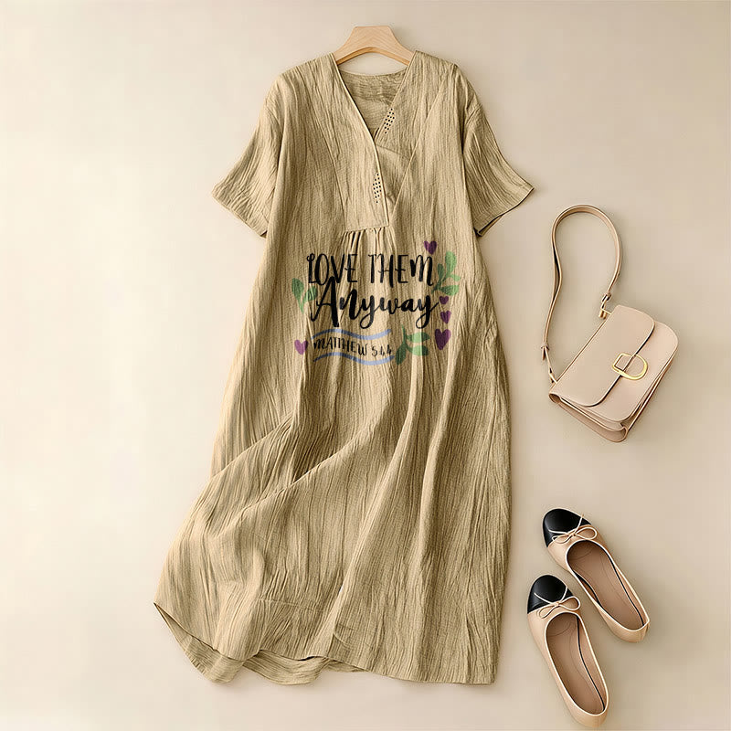 Christianartworkshop "Love Them Anyway" Matthew 5:44 Heart Leaf Print V-Neck Short Sleeve Midi Dress - image 17