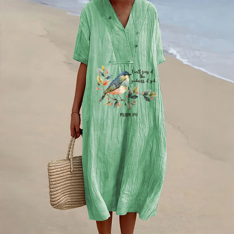 Christianartworkshop "I Will Sing Of The Goodness Of God" Psalm 89:1 Bird Branch Print V-Neck Short Sleeve Midi Dress - Green - 4XL - image 12