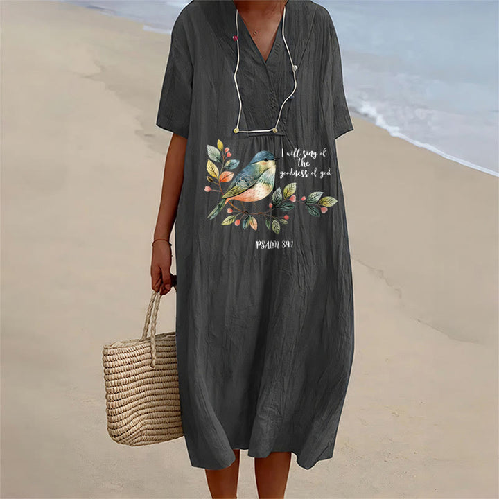 Christianartworkshop "I Will Sing Of The Goodness Of God" Psalm 89:1 Bird Branch Print V-Neck Short Sleeve Midi Dress - Black - 4XL - image 3