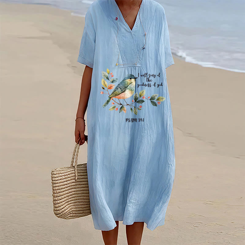 Christianartworkshop "I Will Sing Of The Goodness Of God" Psalm 89:1 Bird Branch Print V-Neck Short Sleeve Midi Dress - Blue - 4XL - image 0