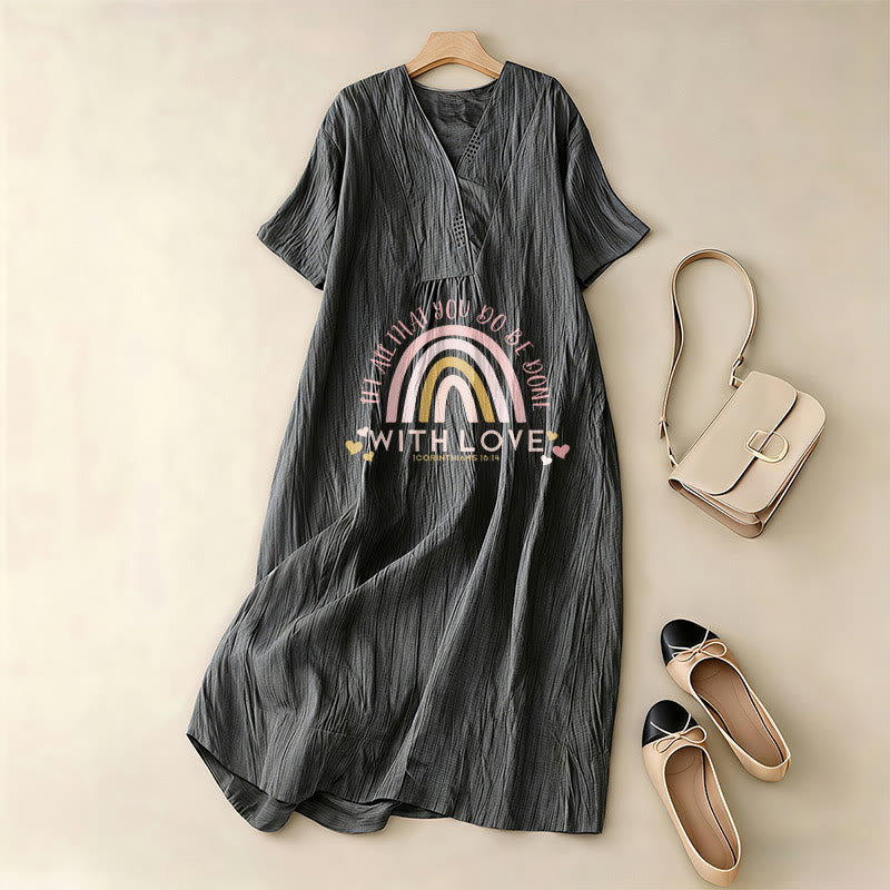 Christianartworkshop Plain Tone Love Scripture Rainbow Heart Slogan V-Neck Casual Midi Dress - image 13