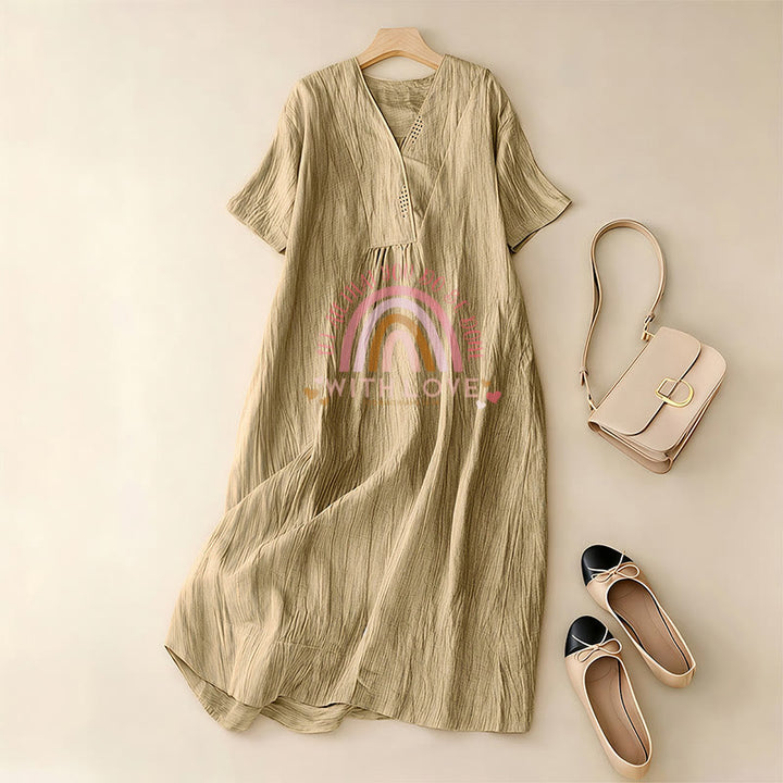 Christianartworkshop Plain Tone Love Scripture Rainbow Heart Slogan V-Neck Casual Midi Dress - image 10