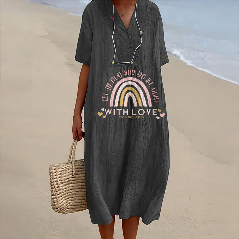 Christianartworkshop Plain Tone Love Scripture Rainbow Heart Slogan V-Neck Casual Midi Dress - Black - 4XL - image 12