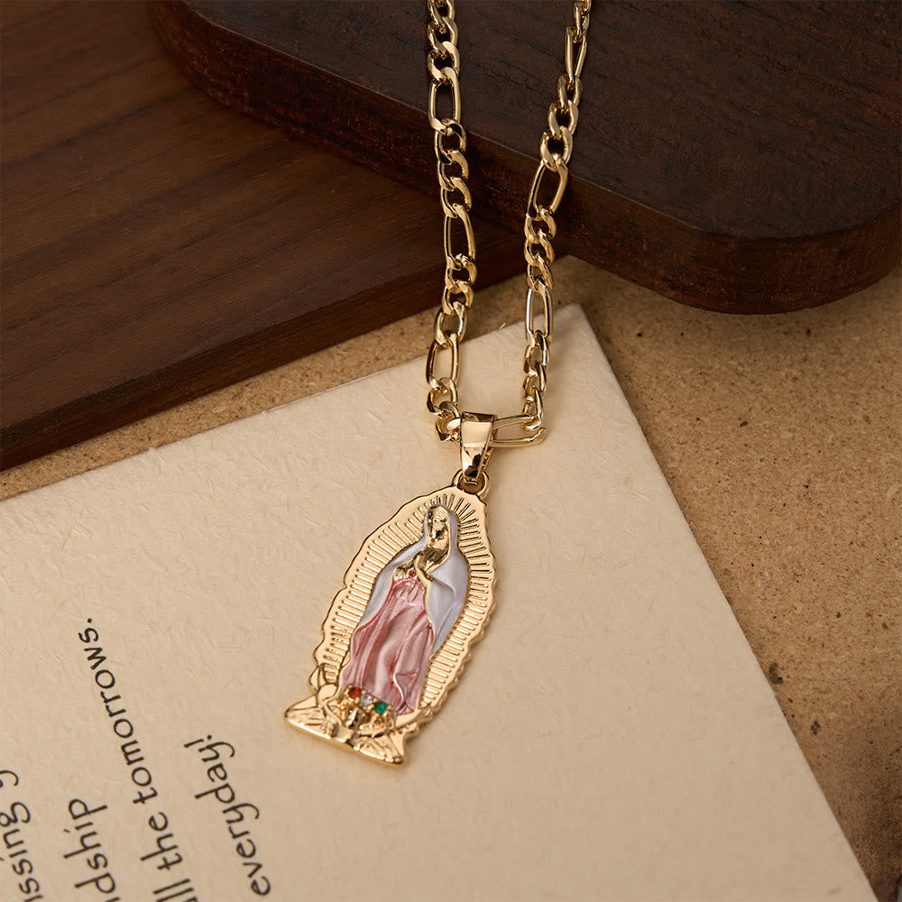 Christianartworkshop Elegant Sunburst Border Enamel Virgin Guadalupe Pendant Chunky Figaro Chain - image 11