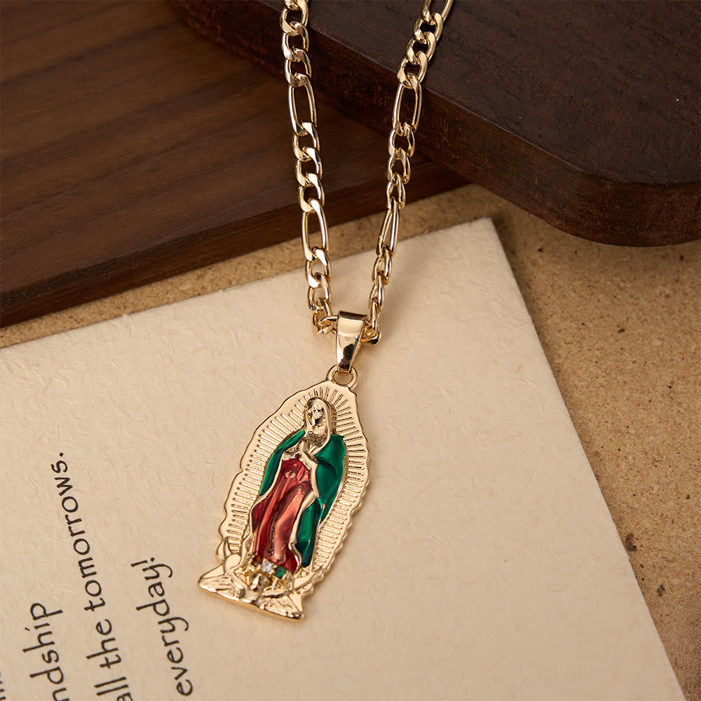 Christianartworkshop Elegant Sunburst Border Enamel Virgin Guadalupe Pendant Chunky Figaro Chain - image 8
