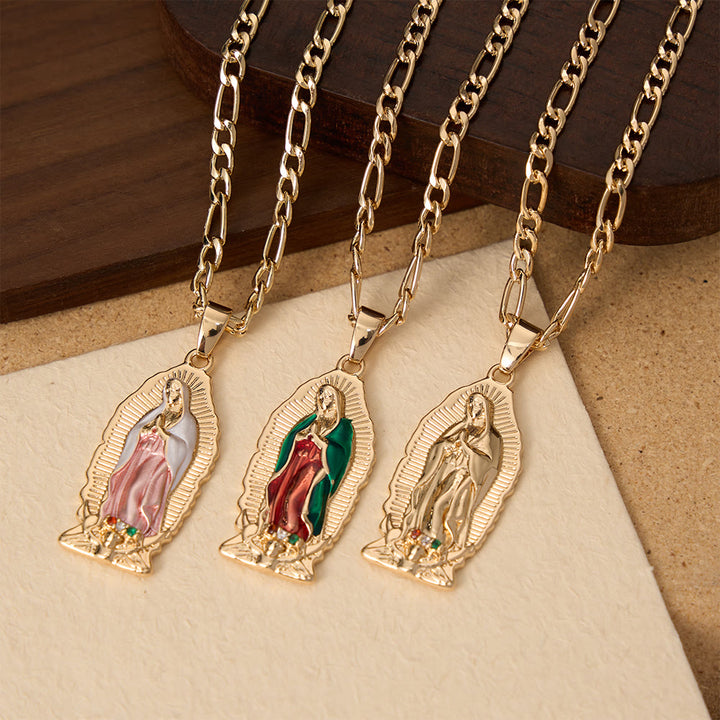 Christianartworkshop Elegant Sunburst Border Enamel Virgin Guadalupe Pendant Chunky Figaro Chain - image 2