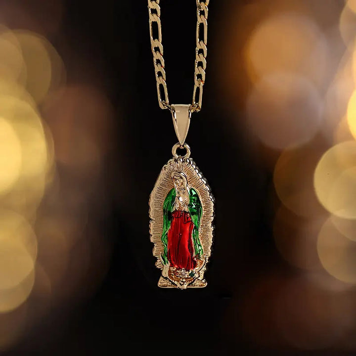 Christianartworkshop Elegant Sunburst Border Enamel Virgin Guadalupe Pendant Chunky Figaro Chain - Red - image 0
