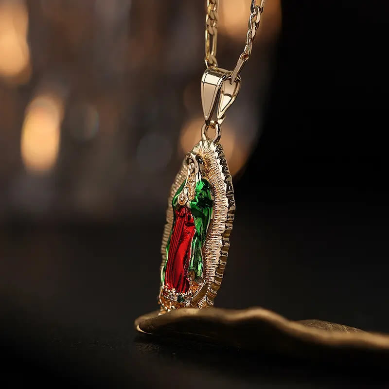 Christianartworkshop Elegant Sunburst Border Enamel Virgin Guadalupe Pendant Chunky Figaro Chain - image 9