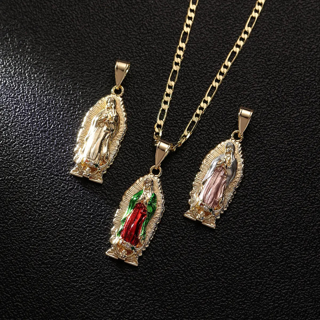 Christianartworkshop Elegant Sunburst Border Enamel Virgin Guadalupe Pendant Chunky Figaro Chain - image 6