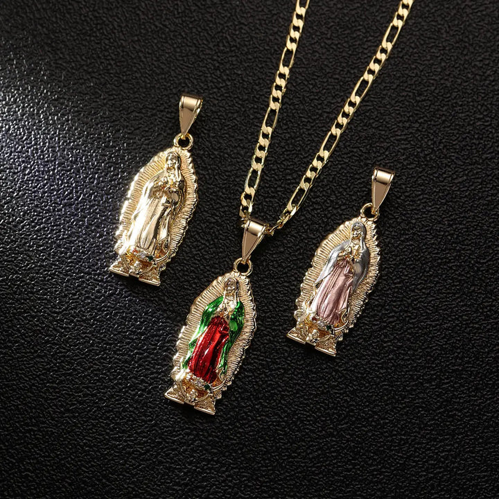 Christianartworkshop Elegant Sunburst Border Enamel Virgin Guadalupe Pendant Chunky Figaro Chain - image 6