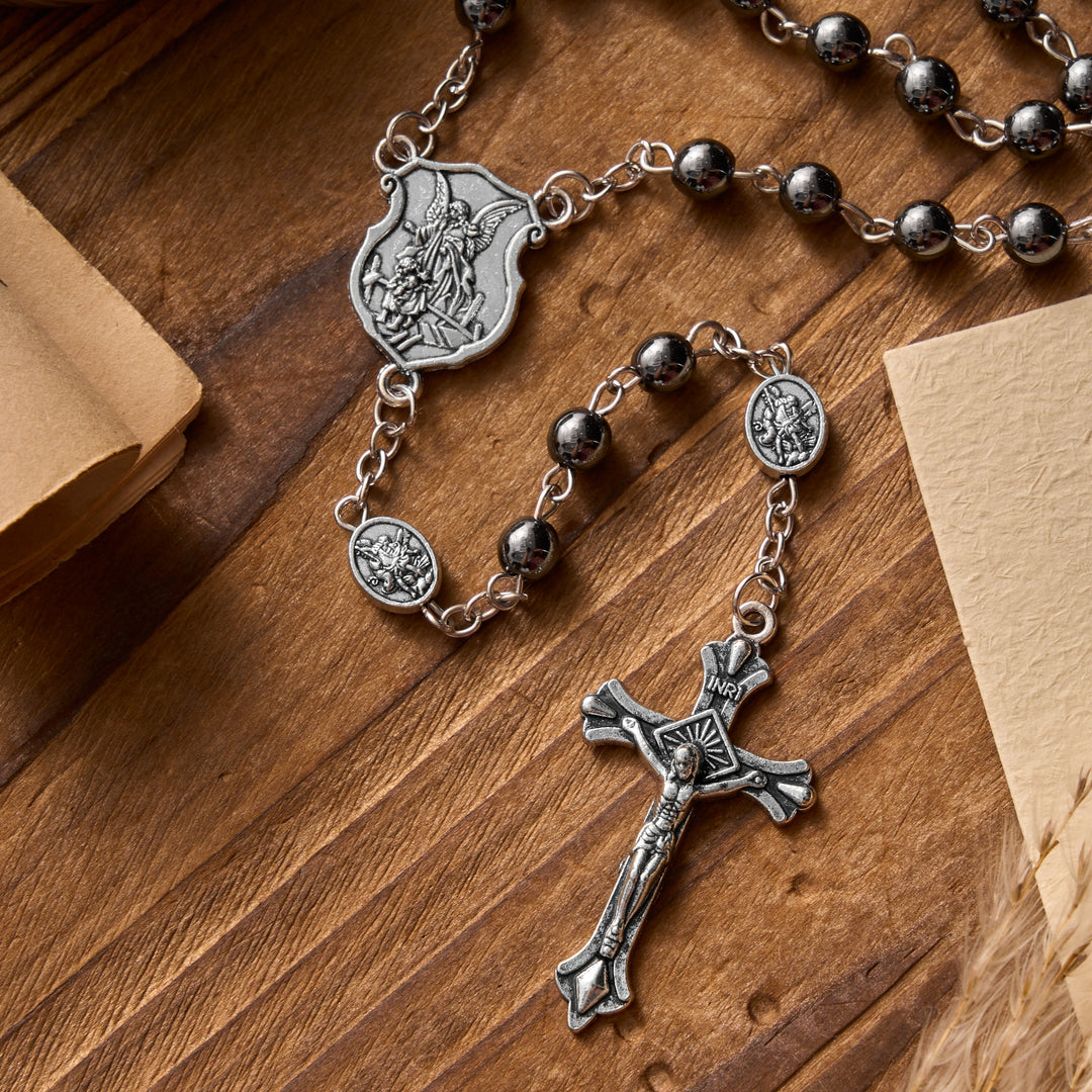Christianartworkshop Antique Silver Archangel Medal Hematite Rosary with Matching Engraved Round Box - image 4