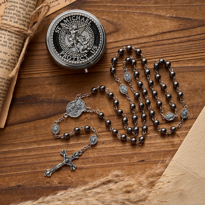 Christianartworkshop Silver or Blue Rosary with Antique Silver Archangel Medal and Matching Engraved Round Box - image 2