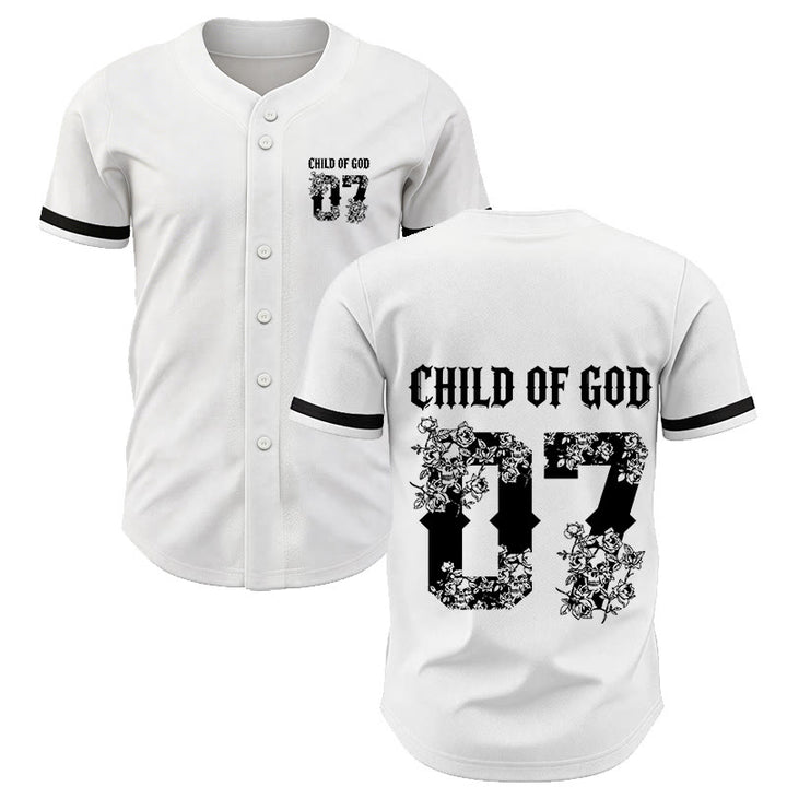 Christianartworkshop "Child Of God" Floral Filled Number 07 Button-Up Baseball Jersey - White - 5XL - image 7