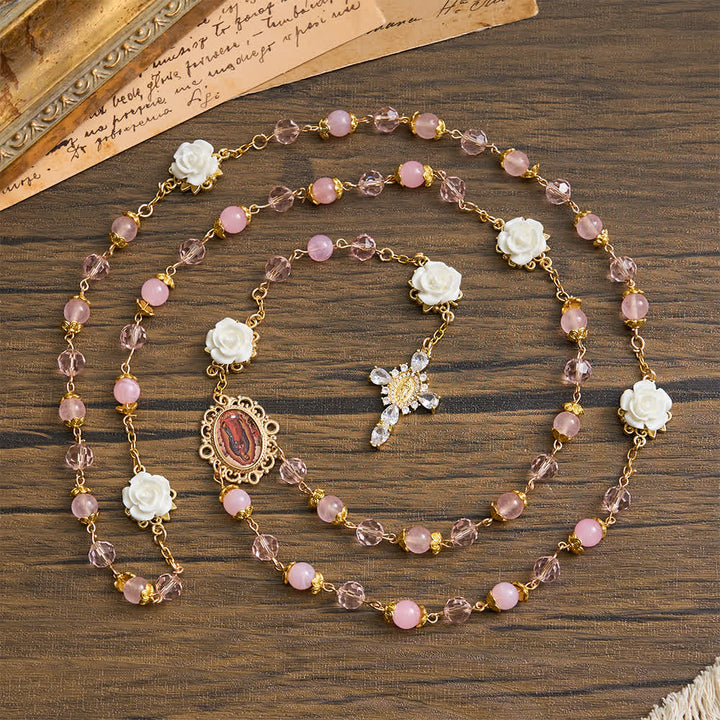 Christianartworkshop Pink Crystal & White Rose Our Lady of Guadalupe Rosary - image 2