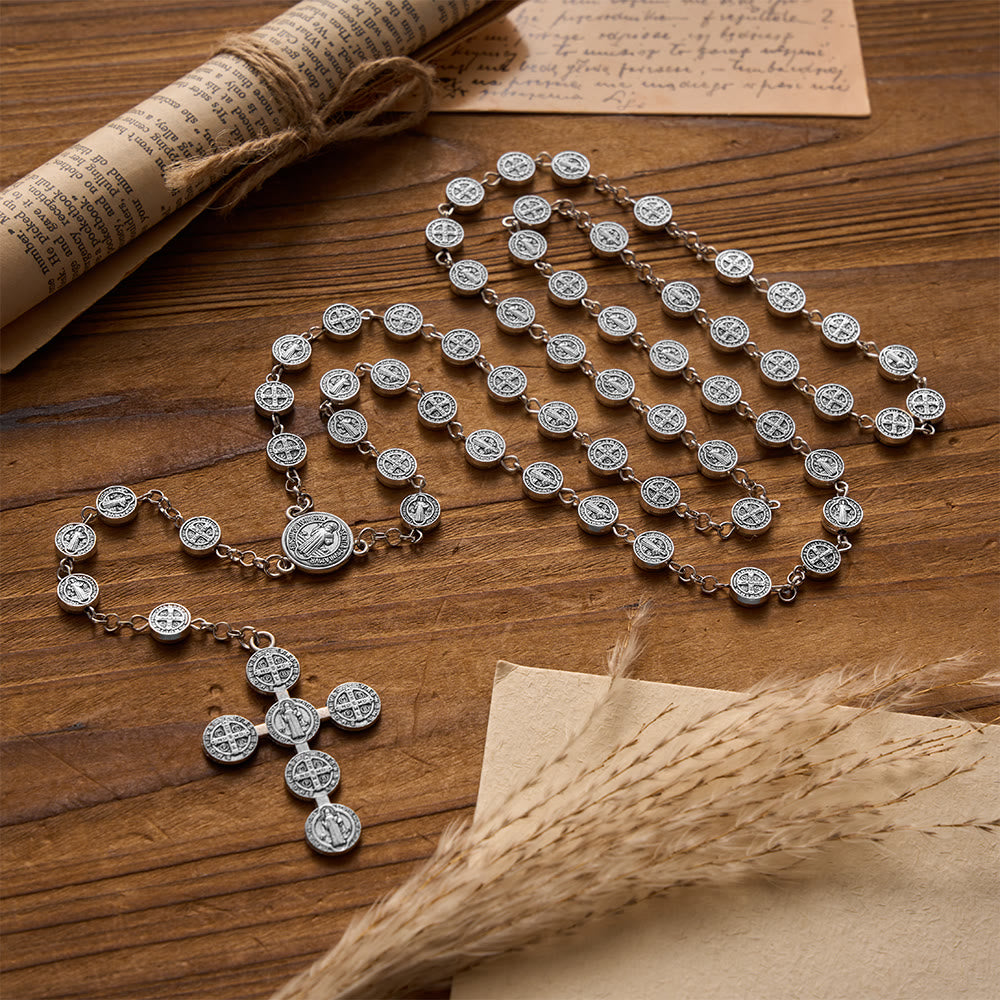 Christianartworkshop Antique Silver Double-Sided St.Benedict Round Medal Rosary with Combined Medal Cross - image 1