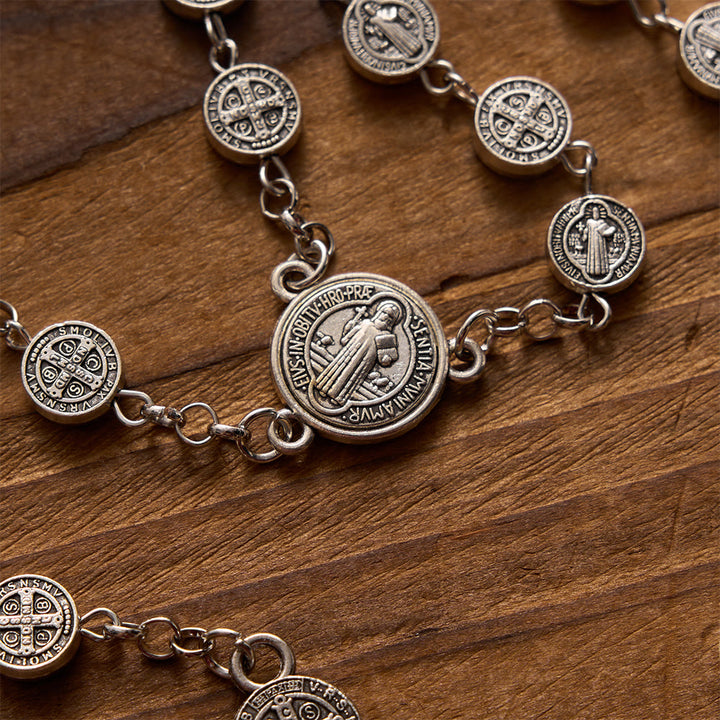 Christianartworkshop Antique Silver Double-Sided St.Benedict Round Medal Rosary with Combined Medal Cross - image 3