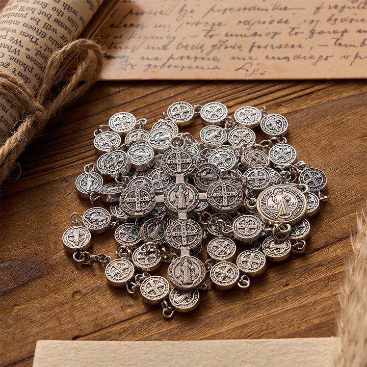Christianartworkshop Antique Silver Double-Sided St.Benedict Round Medal Rosary with Combined Medal Cross - St.Benedict Rosary - image 0