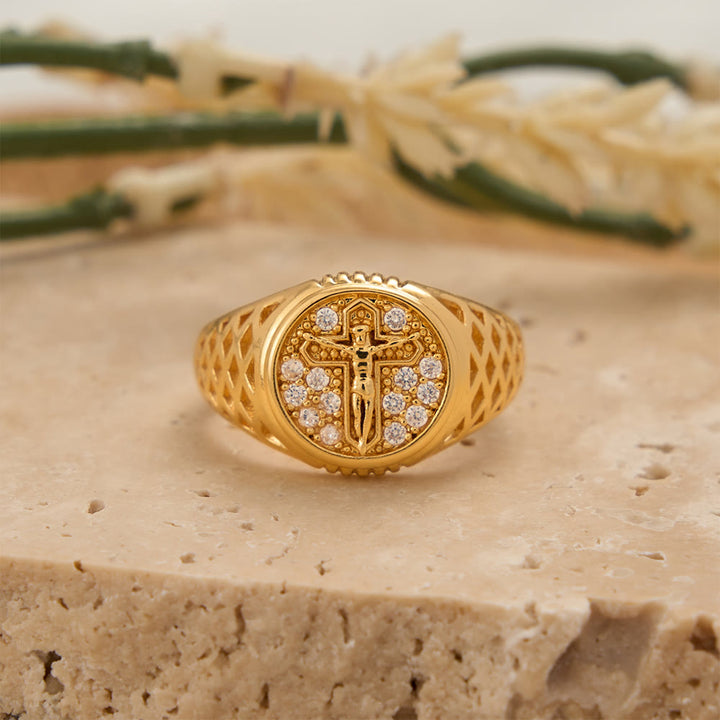 Christianartworkshop Oval Bezel Pave Zircon Crucifix Signet Ring with Lattice Hollow Band: A Symbol of Redemptive Sacred Grace - Crucifix(Suitable for US 5-8) - image 0