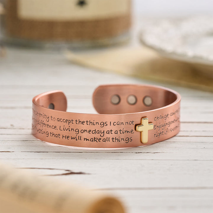 Christianartworkshop Serenity Prayer Engraved Copper Cuff Bracelet with Gold Inlaid Cross: A Symbol of Peaceful Surrender - image 3
