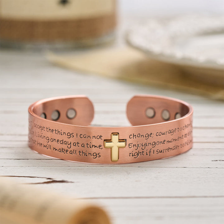 Christianartworkshop Serenity Prayer Engraved Copper Cuff Bracelet with Gold Inlaid Cross: A Symbol of Peaceful Surrender - Red Copper Cross Bangle - image 0