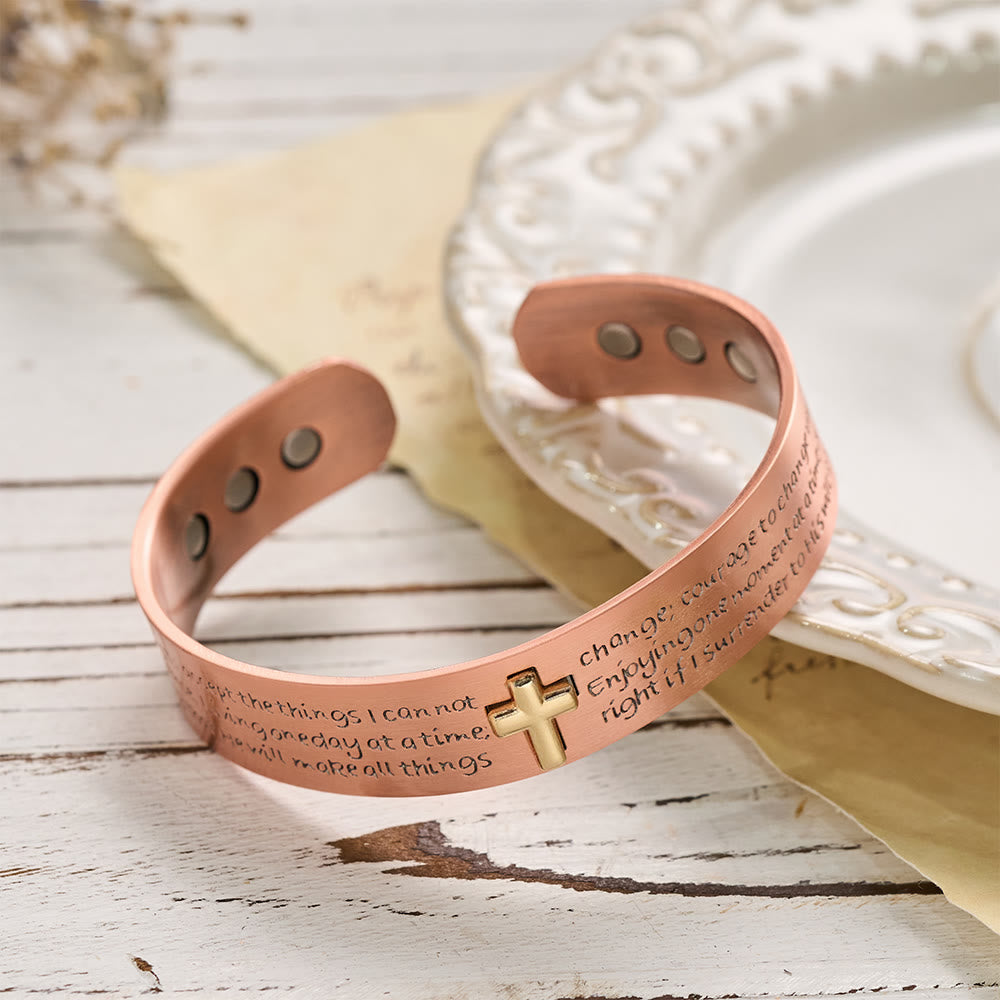 Christianartworkshop Serenity Prayer Engraved Copper Cuff Bracelet with Gold Inlaid Cross: A Symbol of Peaceful Surrender - image 2