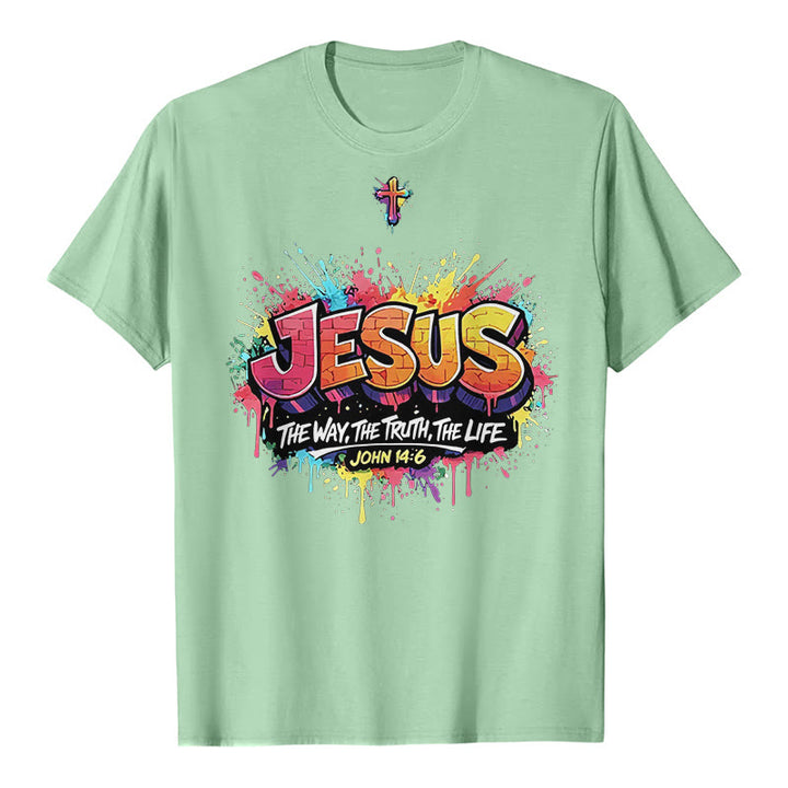 Christianartworkshop "Jesus The Way The Truth The Life John 14:6" Graffiti Splash Cross Premium Short Sleeve T-Shirt - Light Green - 2XL - image 5