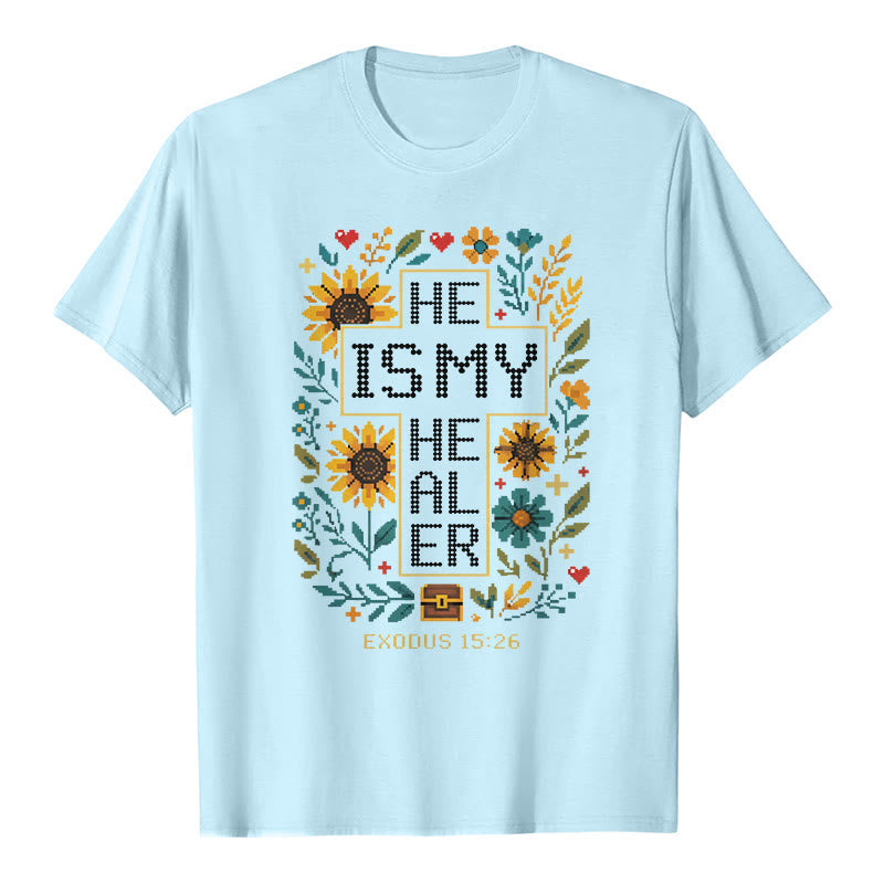Christianartworkshop Inspirational Exodus 15:26 Floral Cross Stitch Detail Premium Short Sleeve T-Shirt - Blue - 2XL - image 7