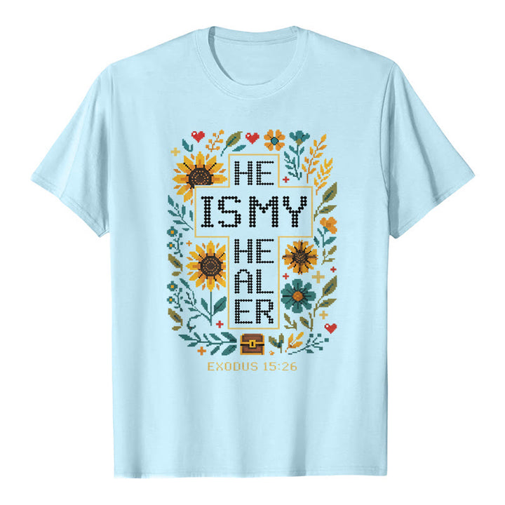 Christianartworkshop Inspirational Exodus 15:26 Floral Cross Stitch Detail Premium Short Sleeve T-Shirt - Blue - 2XL - image 7
