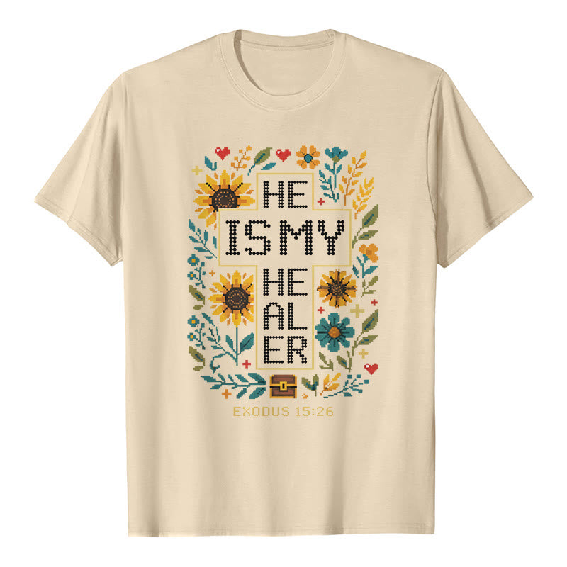 Christianartworkshop Inspirational Exodus 15:26 Floral Cross Stitch Detail Premium Short Sleeve T-Shirt - Beige - 2XL - image 8