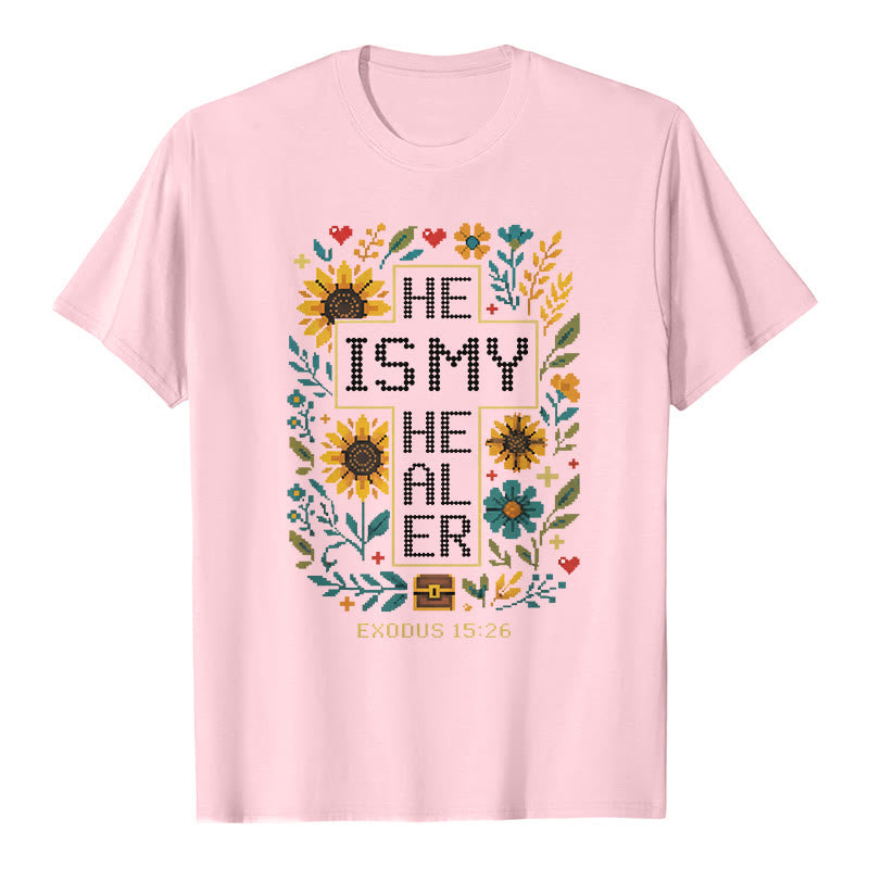 Christianartworkshop Inspirational Exodus 15:26 Floral Cross Stitch Detail Premium Short Sleeve T-Shirt - Pink - 2XL - image 3