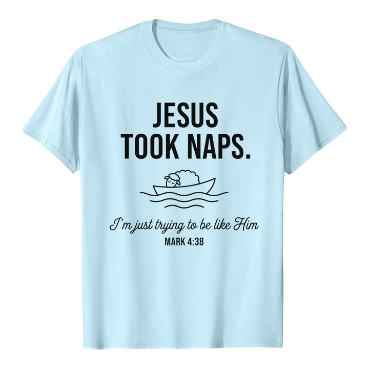 Christianartworkshop Funny Faith Quote Napping Lamb On Boat Minimal Line Graphic Premium Short Sleeve T-Shirt - Blue - 2XL - image 7
