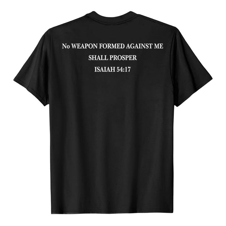 Christianartworkshop No Weapon Formed Against Me Shall Prosper Isaiah 54:17 Front Cross Back Scripture Premium Short Sleeve T-Shirt - image 2