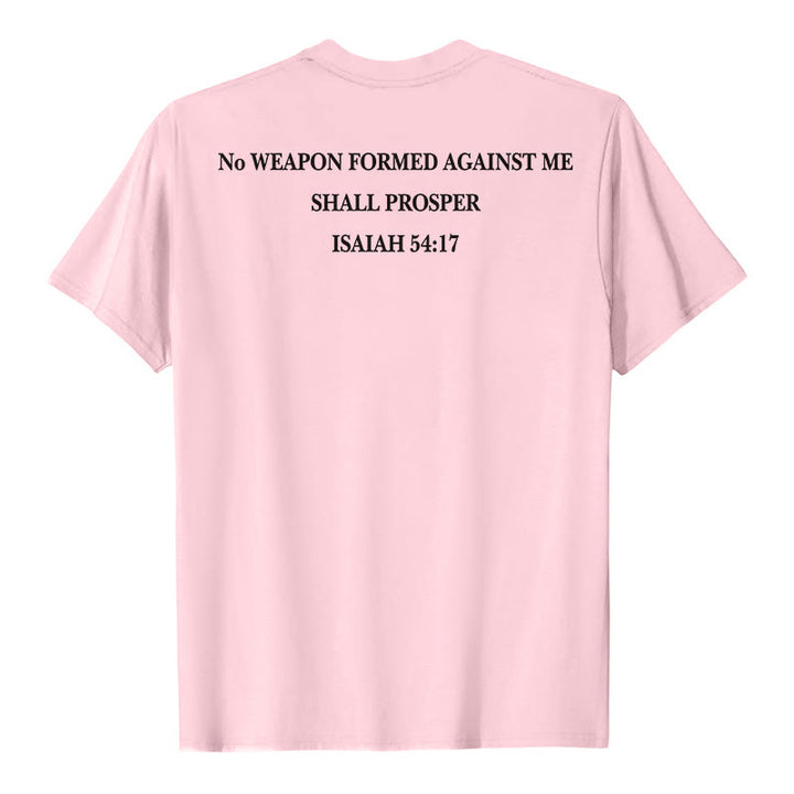 Christianartworkshop No Weapon Formed Against Me Shall Prosper Isaiah 54:17 Front Cross Back Scripture Premium Short Sleeve T-Shirt - image 11