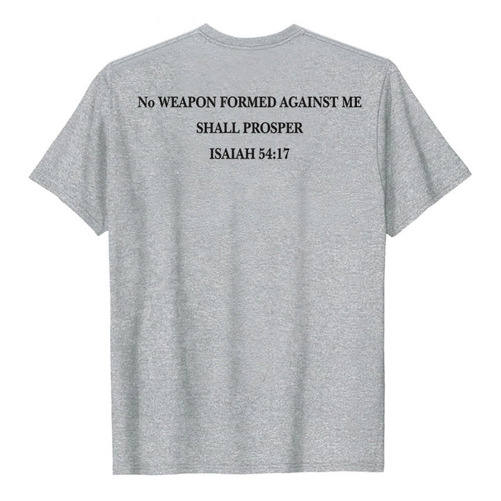 Christianartworkshop No Weapon Formed Against Me Shall Prosper Isaiah 54:17 Front Cross Back Scripture Premium Short Sleeve T-Shirt - image 5
