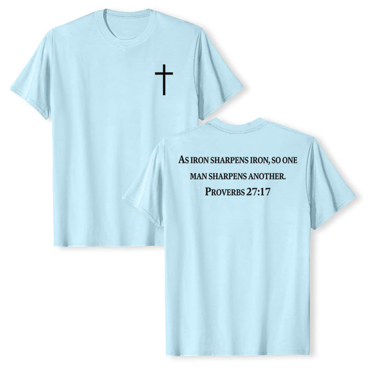 Christianartworkshop As Iron Sharpens Iron Proverbs 27:17 Front Chest Cross Back Scripture Premium Short Sleeve T-Shirt - Blue - 2XL - image 21