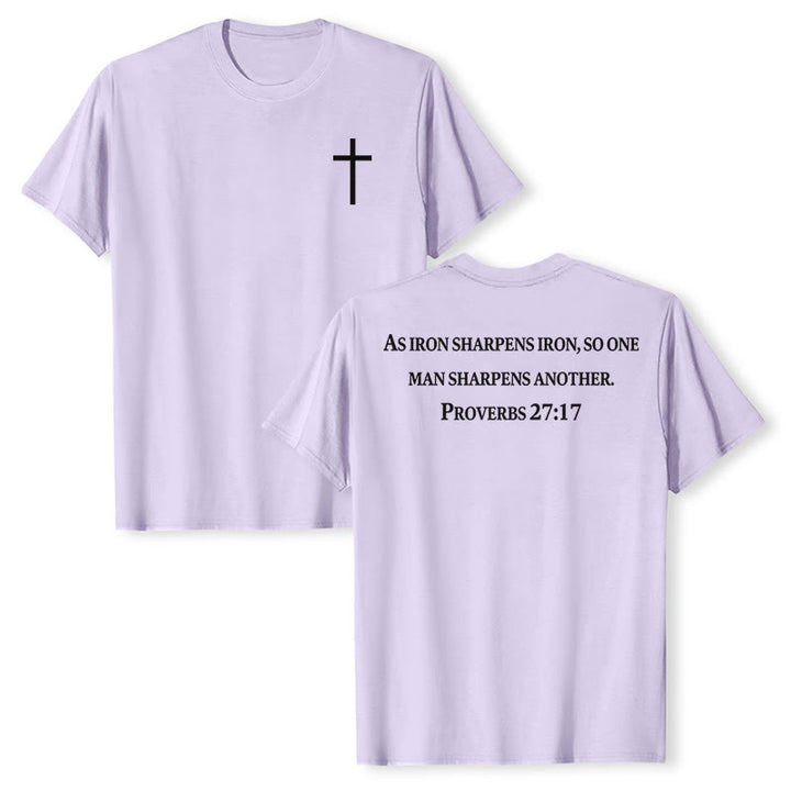 Christianartworkshop As Iron Sharpens Iron Proverbs 27:17 Front Chest Cross Back Scripture Premium Short Sleeve T-Shirt - Purple - 2XL - image 12