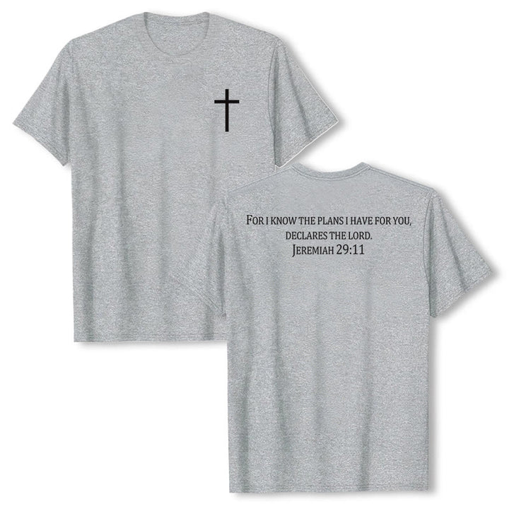 Christianartworkshop For I Know The Plans I Have For You Jeremiah 29:11 Front Chest Cross Back Scripture Premium Short Sleeve T-Shirt - Grey - 2XL - image 6
