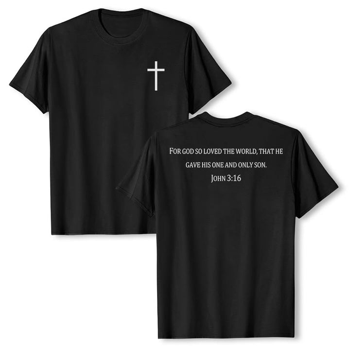 Christianartworkshop John 3:16 For God So Loved The World Front Chest Cross Back Scripture Premium Short Sleeve T-Shirt - Black - 2XL - image 0