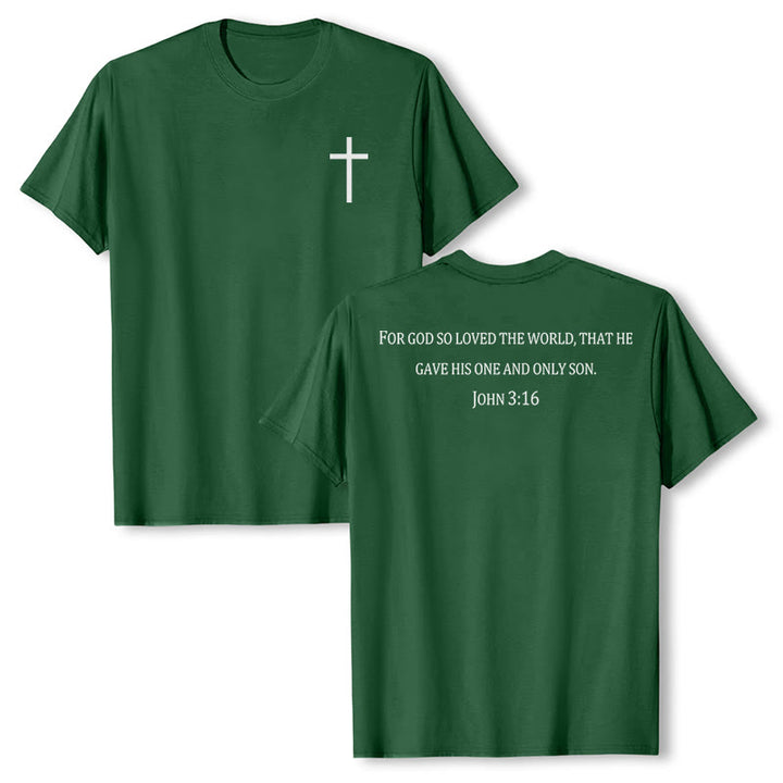 Christianartworkshop John 3:16 For God So Loved The World Front Chest Cross Back Scripture Premium Short Sleeve T-Shirt - Dark Green - 2XL - image 18