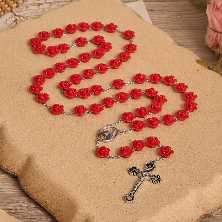 Christianartworkshop Elegant Red Rose Bloom Bead Our Lady Enamel Medal Crucifix Rosary - image 1