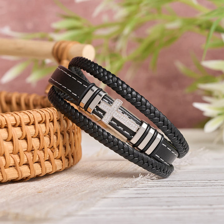 Christianartworkshop Multi-Layer Braided Leather Bracelet with Pave Zircon Cross & Three-Tone Metal Spacer - image 8