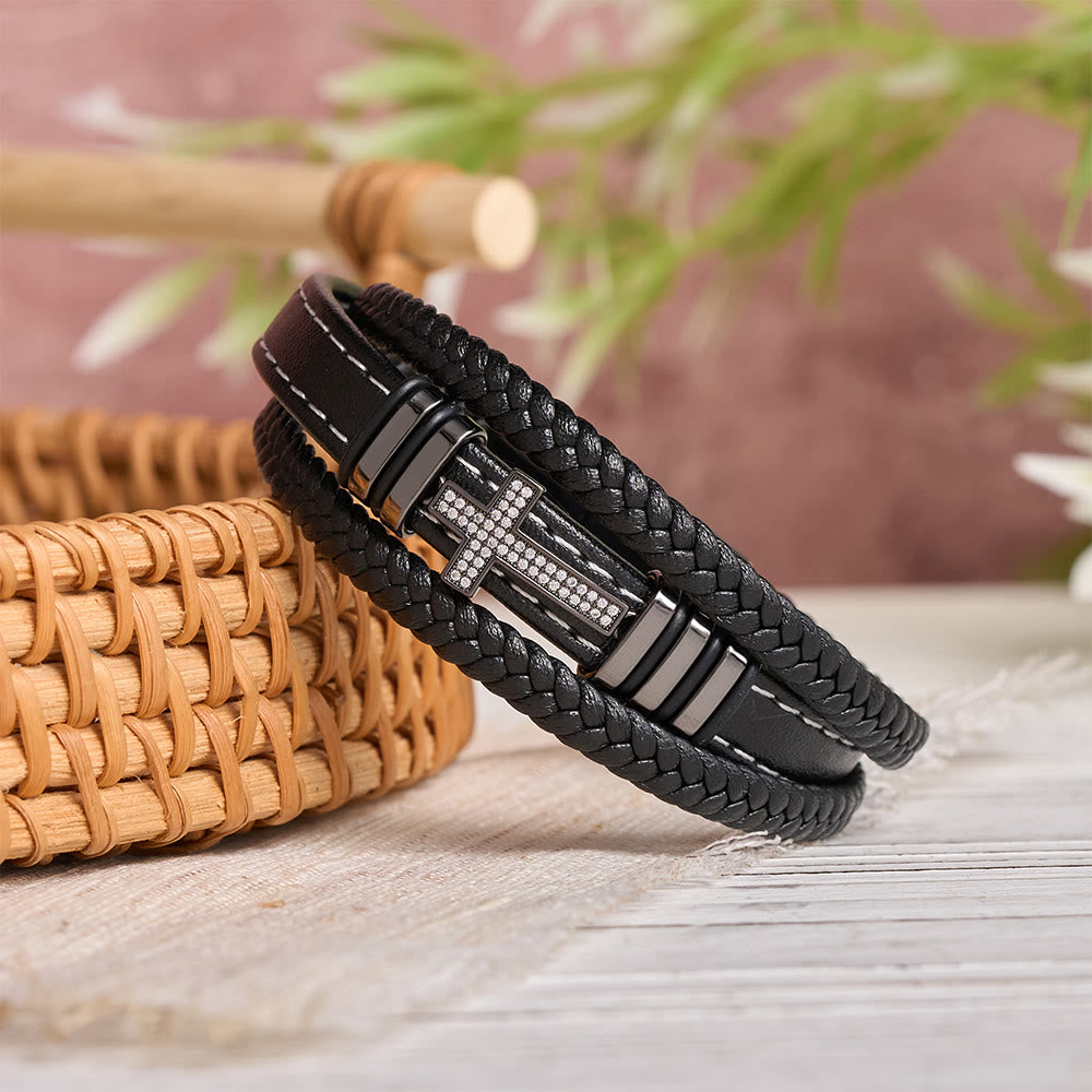 Christianartworkshop Multi-Layer Braided Leather Bracelet with Pave Zircon Cross & Three-Tone Metal Spacer - image 2