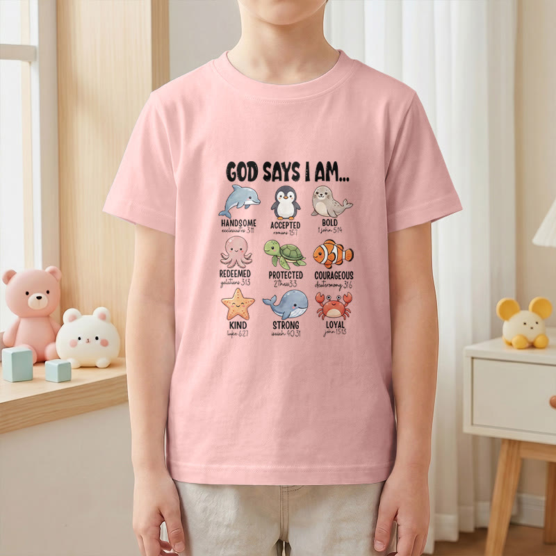 Christianartworkshop Relax Fit Whale Penguin Crab Print Faith Slogan Kids Short Sleeve T-Shirt - image 16