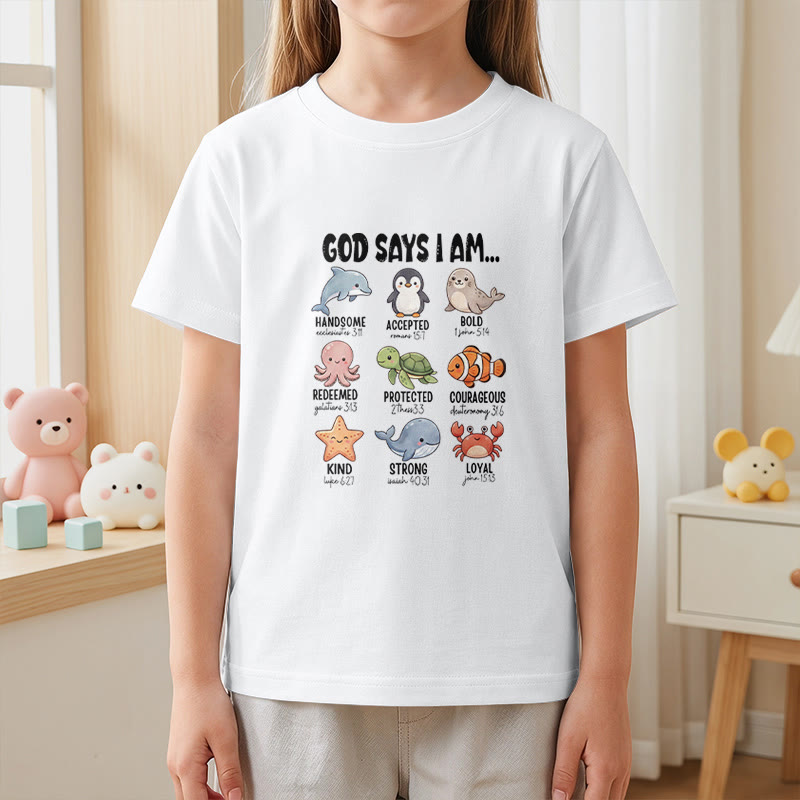 Christianartworkshop Relax Fit Whale Penguin Crab Print Faith Slogan Kids Short Sleeve T-Shirt - image 23