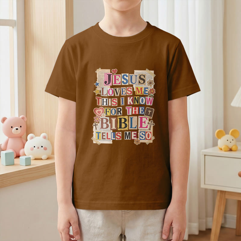Christianartworkshop "Jesus Loves Me This I Know" Vintage Cutout Letter Newspaper Patch Kids Short Sleeve T-Shirt - image 1
