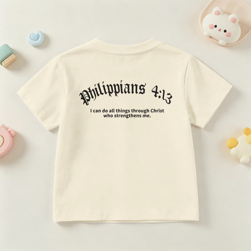 Christianartworkshop Philippians 4:13 Front Chest Cross Back Gothic Font Scripture Kids Short Sleeve T-Shirt - image 6
